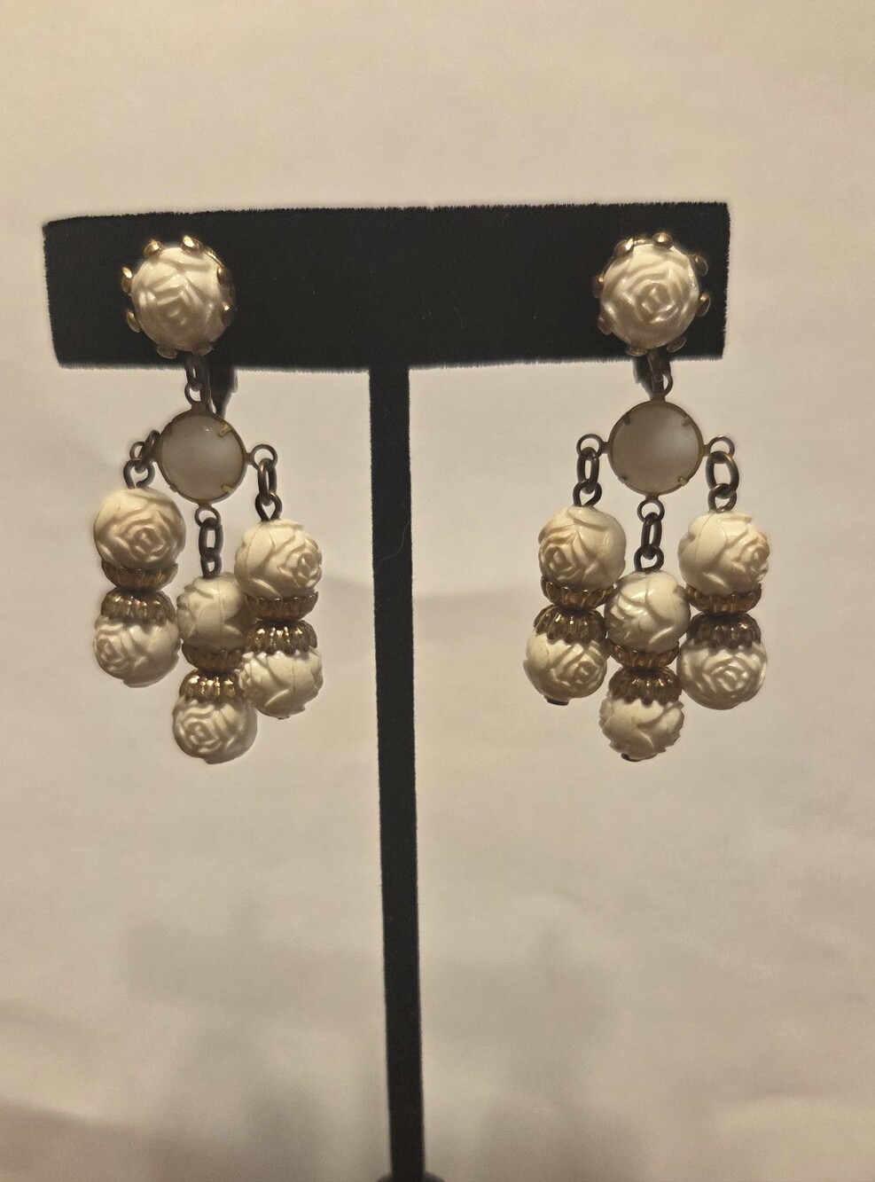Vintage Ivory Rose Cluster Drop Clip-On Earrings